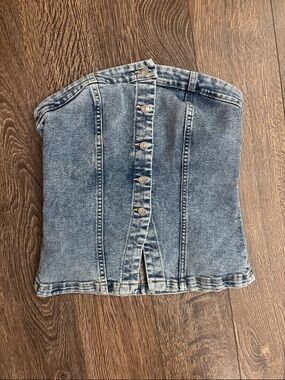 H&M Blue Denim Strapless Button Front Corset Top